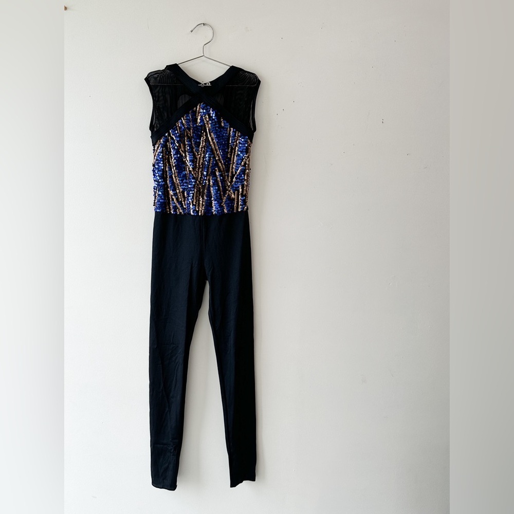 Weissman One Piece Skating & Dance-Black/Blue/Gold Sequins -Sleeveless- Size 7/8